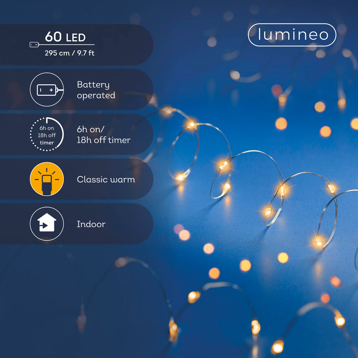 Lumineo 60 LED Battery-Operated Micro Wire Lights – Classic Warm
