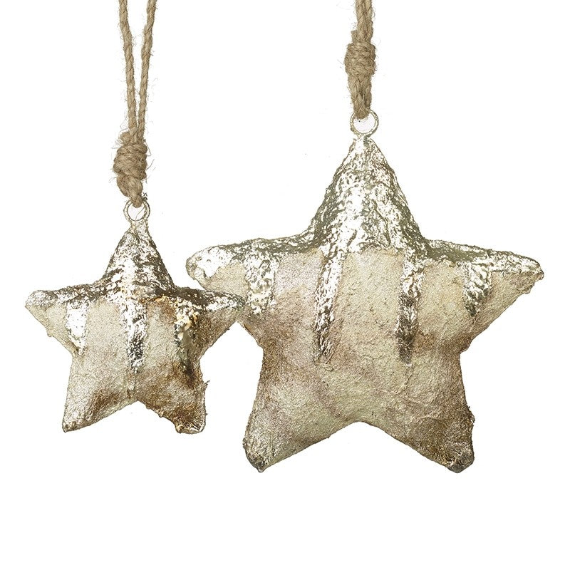 Set of two gold topped wooden hanging stars